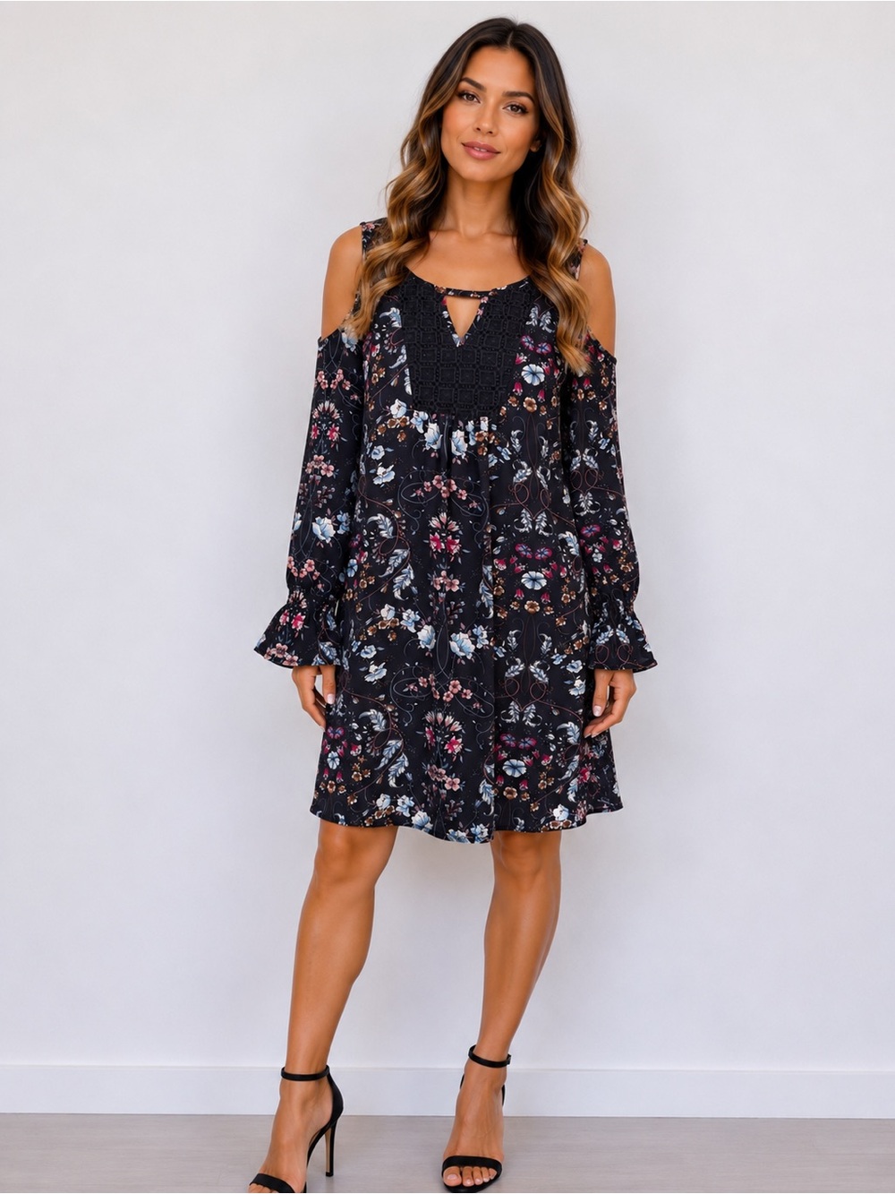 DR2 Navy Cold-Shoulder Floral Tunic with Pink & White Blooms